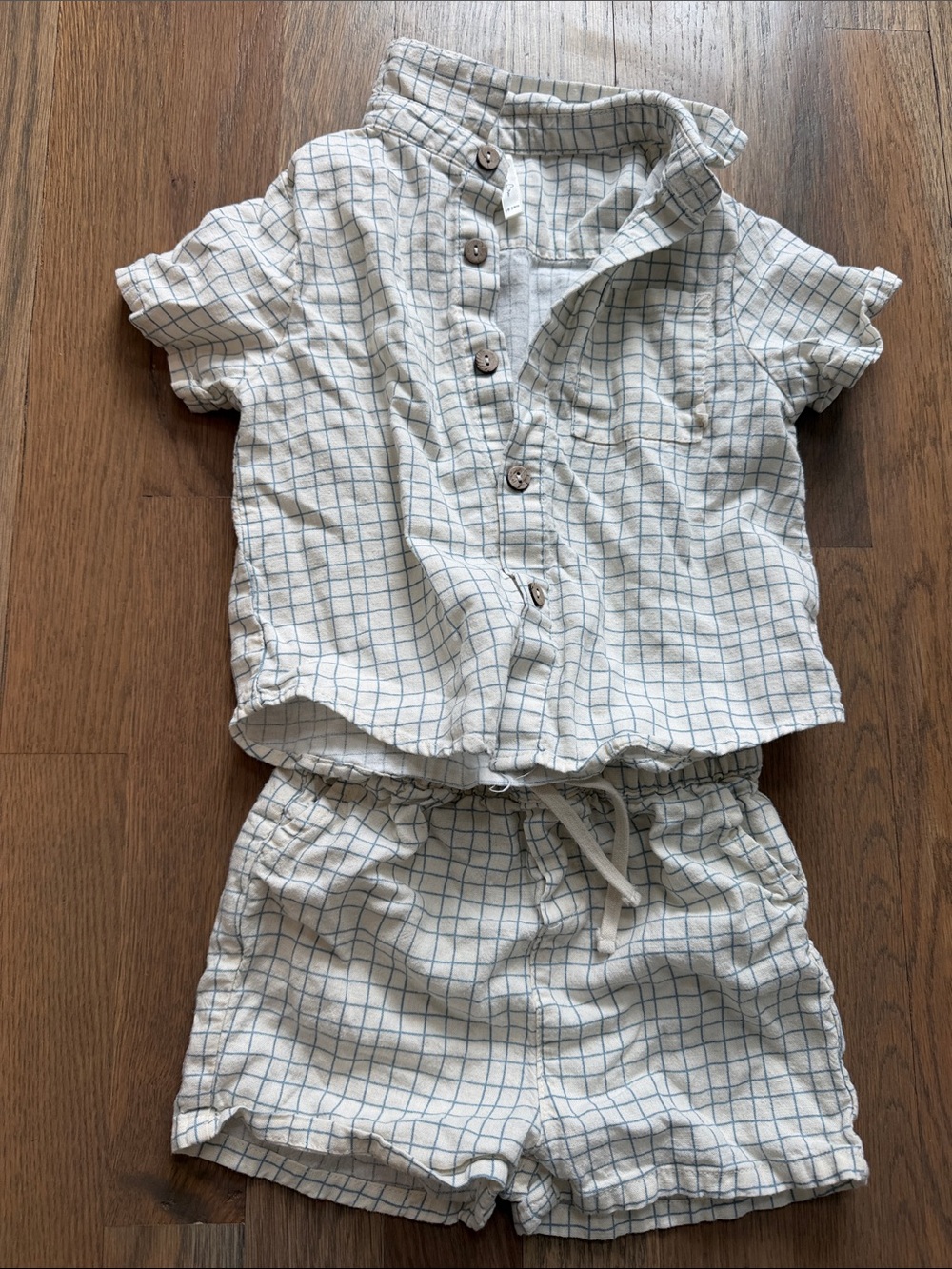 Rylee + Cru White and Blue Windowpane Two-Piece Shirt & Shorts